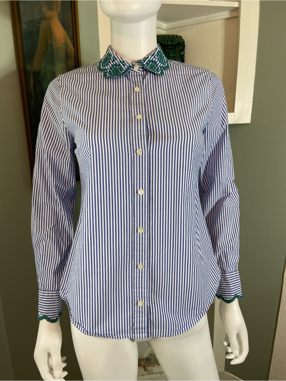 J. Crew Perfect Eyelet Embroidered Trim Striped Shirt Botton Down Blouse poplin - Picture 2 of 10